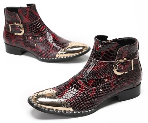 Santimon Mens Chelsea Boots Party Casual Dress Rock Snakeskin Pattern Ankle Boots Metal Wingtip Genuine Leather Western Boots Singer Ballroom Prom Cowboy Boots for Men Boys4