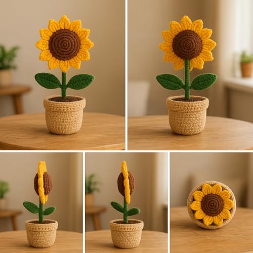 Image of Handmade Crochet Sunflower Pot - Eco-Friendly Knitted Flower Plant for Home Decor, Cute Crochet Flowers for Office Desk, Table Decor & Gift Item (White)