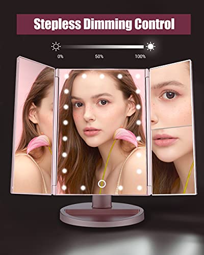 EASEHOLD Makeup Vanity Mirror with 2X 3X Magnifying Dimmable 21 LED Lighted Desk Mirror Adjustable 180 Degree Rotation Touch Screen Dual Power Supply Countertop Portable Tri-Fold Mirror