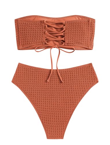 Image of ZAFUL Women's Textured Bandeau Bikini Strapless Solid Color 2 Pieces Bathing Back Lace-up Suit Swimsuit (7-Caramel,S), Small