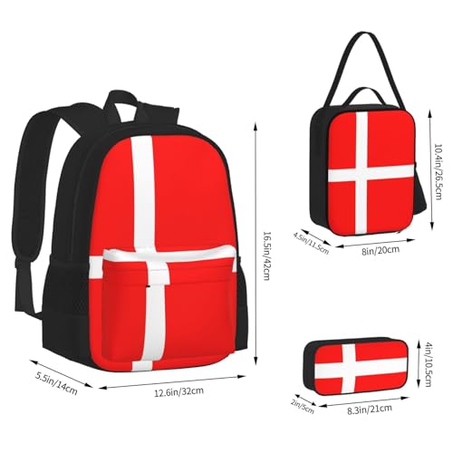 Denmark Danish Flag Print 3-Piece Set Backpack, Lunch Bag And Pencil Case, For Travel, College, And Daily Use4