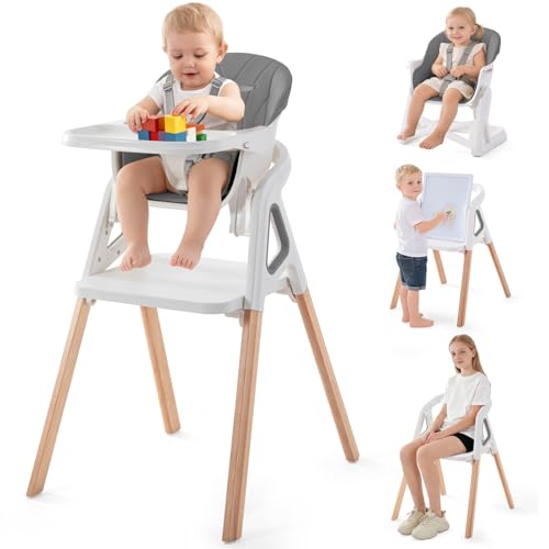 Baby High Chair, 4 in 1 Wooden Convertible High Chair for Babies and Toddlers with Erase Board, Highchair for Baby &amp; Toddler, 5-Point Safety Belt &amp; Waterproof PU Cushion (Grey)