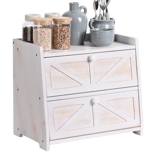 Ollieroo Vintage Double Layer Bread Box for Kitchen Countertop, Bamboo Bread Storage Container, Breadbox for Homemade Bread, Large Capacity Bread Bin(White)