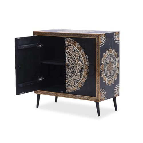 Image of APRODZ Hand-Painted Solid Wood Sideboard Cabinet with 2 Doors | Wooden Storage Cabinet for Bedroom Living Room & Kitchen | Crockery Cabinet, Kitchen Storage | Multicolor, 34x16x38 Inches