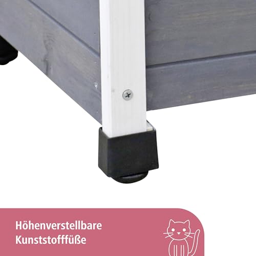 Kerbl Pet Katzenhaus Rustica, Katzenhütte, grau/weiß, Vollholz, 57x45x42cm, mit Schwingtüre, Plexiglasfenster, höhenverstellbare Kunststofffüße