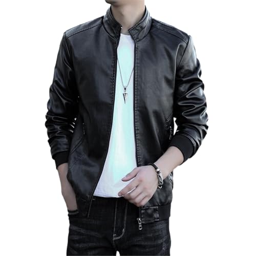 GUOYUXIAO Chaqueta de cuero para hombre, chaqueta delgada de primavera y otoño, además de ropa de moto gruesa de terciopelo-Black Thick-S