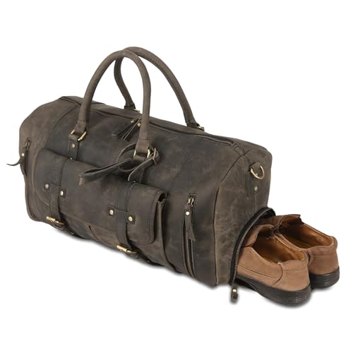 Image of KomalC 24 Inch Leather Duffle Bags for Men and Women Travel Overnight Weekend Bag Sports Gym Duffel for Men (Charcoal Black With Shoe Pocket)