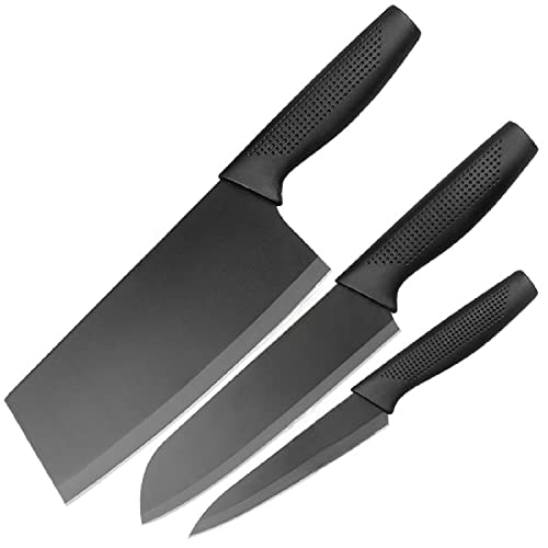 ARQIVO Kitchen Knife Set, 5.1″ Paring, 6.9″ Chef Knife & 6.5″ Cleaver Knife Black Coated High Carbon Stainless Steel, Ultra Sharp Cooking Knife for Kitchen & Cooking, Black, Pack of 3