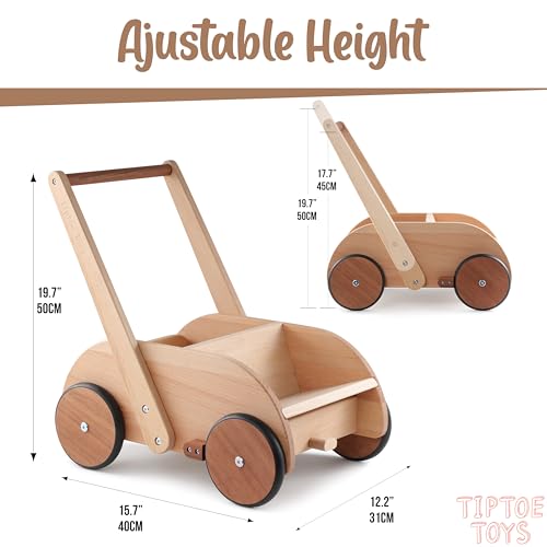 Image of 2-in-1 Wooden Baby Walker with Sit-to-Stand Learning | with Adjustable Seat & Speed | Baby Walker Push Toy in Natural Wood for Babies 6-12 Months up to 3 Years for Infants and Toddlers