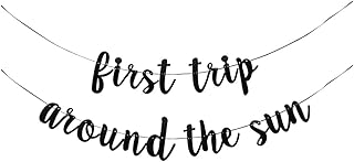 KUNGOON First Trip Around The Sun Banner,1st Birthday Decorations Supplies,Baby Shower Decor for Boy Girl,Space First Bday Wall Hang Bunting Sign.(black)