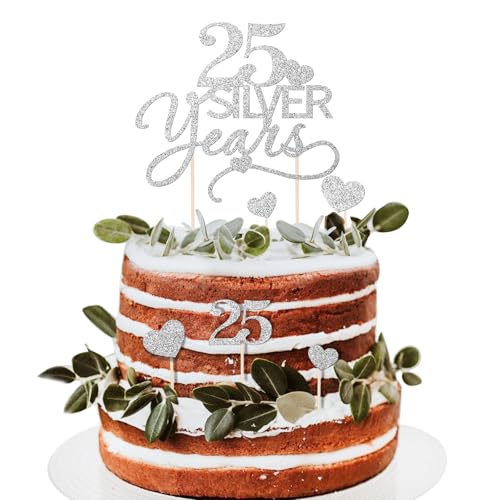BOOMTOP 7pcs Topper Cake Aniversario de 25 Años, Decoración Tarta para Boda de 25, Topper Cake Cumpleaños Novios 25 Años, Adorno Papel Plateado Brillante para Cupcake Pastel Fiesta Regalo de 25 Años
