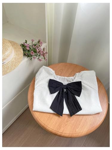 Image of SweatyRocks Girl's Short Sleeve Shirts Summer Crewneck Tops Casual Cute Bow Puff Sleeve Blouses Black and White 9Y