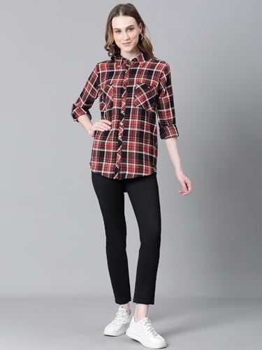 Image of oxolloxo Women Check Print Collared Long Sleeve Cotton Shirt
