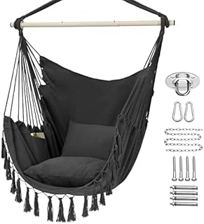 Y- STOP Hammock Chair Hanging Rope Swing, Max 330 Lbs, 2 Cushions Included, Large Macrame Hanging Chair with Pocket, Cotton Weave for Superior Comfort, Durability (Grey)