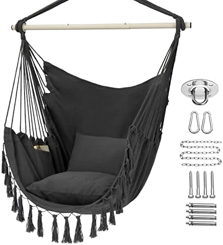 Y- STOP Hammock Chair Hanging Rope Swing, Max 500 Lbs, 2 Cushions Included, Large Macrame Hanging Chair with Pocket, Cotton Weave for Superior Comfort, Durability (Dark Grey)