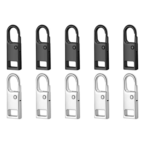 10PCS Zipper Pull, Metal Zipper Pull Replacement Detachable Tabs Repair Kit for Luggage Clothing Backpacks Boots and Jackets Black+Silver