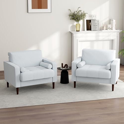 Image of Corduroy Accent Chairs Set of 2, Modern Upholstered Living Room Arm Chair Comfy Bedroom Reading Armchair with Bolster Pillows, Mid-Century Track Armrest Tufted Single Sofa Seat (Beige)