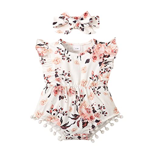 Toddler Girl Romper Toddler Kids Girls Infant Fly Sleeves Floral Lace Romper Jumpsuit Hairband Set (Pink, 12-18 Months)