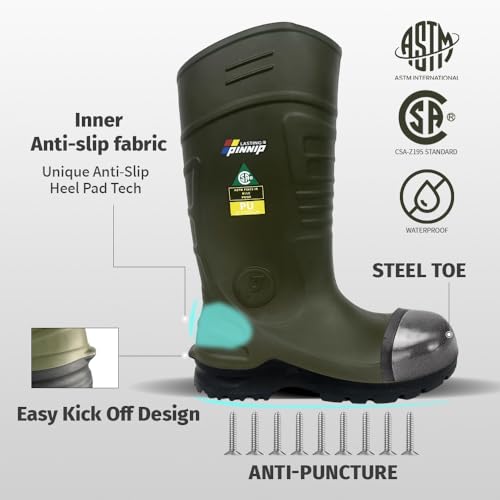 Image of Mens Steel-Toe Durable PU Rubber Work Boots - Waterproof Anti-Slip ASTM F2413-24 | Acid Oil Resistant Shank Mud Rain Hunting Boots