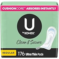 U by Kotex Clean & Secure Ultra Thin Pads, Regular Absorbency, 176 Count (4 Packs of 44) (Packaging May Vary)