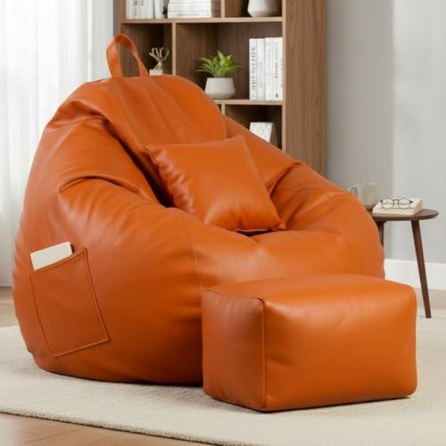Image of KAM'S LIEU 5XL Luxury Faux Leather Bean Bag with Footrest & Cushion | Pre-Filled High-Density Polystyrene Beans | Premium Leatherette | 6 Months Warranty Color- (Orange, Without Footrest)