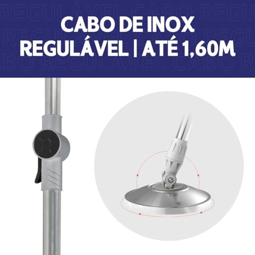 Mop Giratório Cinza 16 Litros Cabo 150cm Cesto Em Inox Alça E Roda Com Refil De Microfibra Tira Pó L
