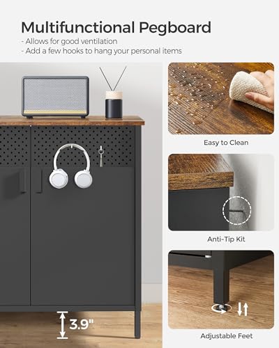 سونج مايكس خزانة جانبية للتخزين، طاولة بوفيه مع ارفف قابلة للتعديل، خزانة تخزين ارضية، اطار ستيل، بني ريفي واسود، ULSC102B01