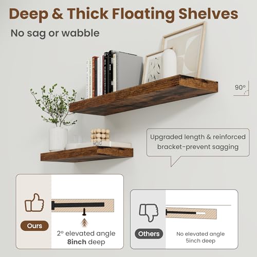 Image of 20 Inch Floating Shelves for Wall, 8 Inch Deep Floating Shelf for Storage & Display, Wall Mounted Shelf with Invisible Brackets for Living Room, Kitchen, Bathroom, Home Decor, Set of 2, Rustic Brown
