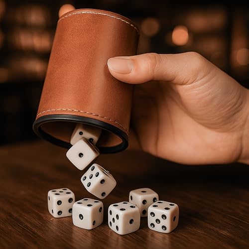 FZSECRIU Würfelbecher Set 6, kniffelbecher,Schocken Set, 6 leise Würfelbecher und 36 Bunte Würfeln (16 mm) mit 36 spielwürfel (16 mm),würfelbecher Leder, für Bar-Party Würfelspiele,Casual Games,Braun