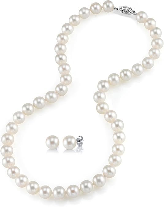 The Pearl Source 14K Gold 6.5-7mm AAAA Quality Round White Freshwater Cultured Pearl Necklace & Earrings Set in 18" Princess Length for Women Pearl