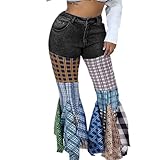 ThusFar Women High Waist Patchwork Flare Jeans Plaid Bell Bottom Ruffle Hem Denim Long Pants Trousers
