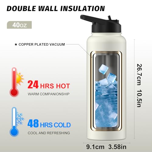 Image of 40oz Insulated Water Bottle (Cold for 48 Hrs),BPA Free&Leak Proof,Stainless Steel Water Flask,Water Jug with Straw Spout Lids for Gym,Hiking,Travel,White