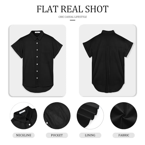 Womens Short Sleeve Casual Button Down Shirts Summer Soft Fashion Cotton Blouses Tops with Pocket Black