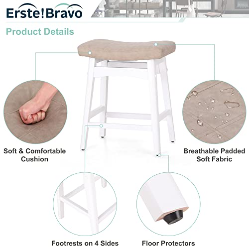 Erste!Bravo White Solid Wood Bar Stools Set Of 2 For Kitchen Counter Height Barstools With Faux Leather Saddle Seat Farmhouse Upholstered Stools For 34"-38" Counter Island, Beige Cushion & White Legs #TOP4