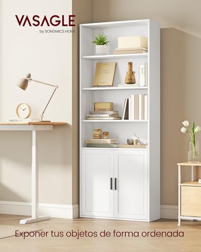 Miniatura 2 de VASAGLE Librería, Estantería Vertical de 6 Niveles, con Puertas, 24 x 60 x 175 cm, para Salón, Estudio, Oficina, Comedor, Blanco Nube LBC402W01