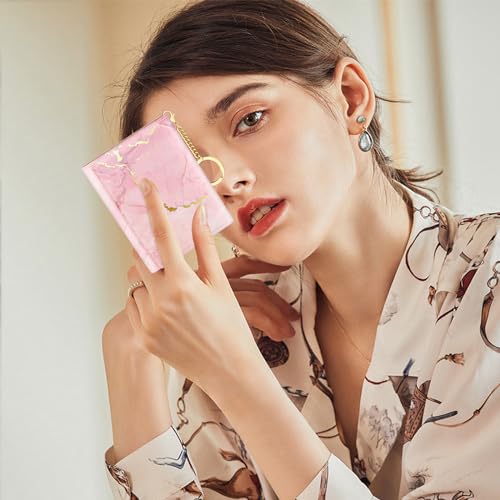Image of Rouidr Womens Wallet, Small Slim RFID Card Wallets for Women, Cute Front Pocket Trifold Leather Card Organizer with 7 Slots & ID Window, Peach Pink Marble