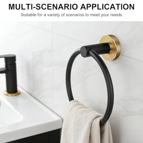 Image of SetSail Towel Holder for Bathroom Wall Stainless Steel Hand Towel Ring Heavy Duty Towel Hanger for Bathroom, Black and Gold