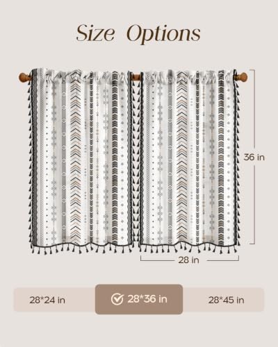 Image of Miss Adola Boho Kitchen Curtains - 36 Inch Length Linen Blend Modern Striped Cafe Curtains Tassels Tier Curtain Short Drapes Rod Pocket for Bathroom Living Room Windows Light Filtering, 2 Panels