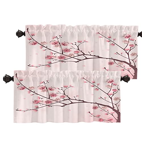Batmerry Cenefa decorativa de primavera, cenefa de cortina de ventana con flores de cerezo chino, color rosa con flores de ciruela japonesa, cenefa para cocina, sala de estar, comedor, granja, 2