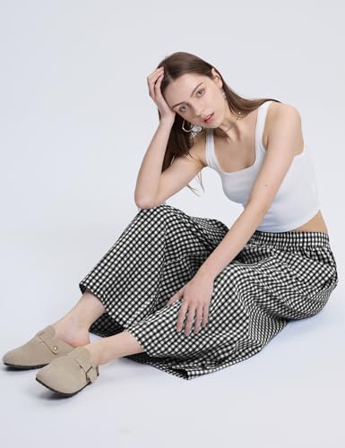 LOMON Womens Wide Leg Capri Pants Cotton Gingham Plaid Culottes Summer Elastic Waist Palazzo Trousers Bottoms with Pockets4