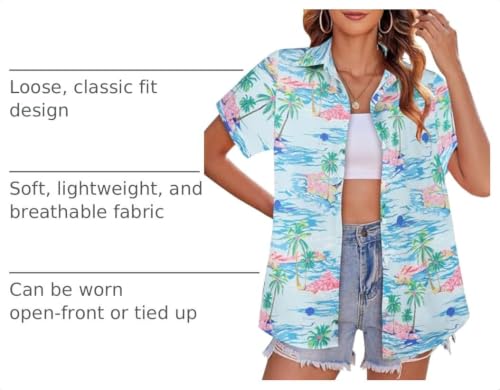 Image of Women Hawaiian Shirt Button Down Summer Tops Beach Short Sleeve Blouse