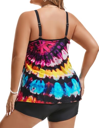 Hanna Nikole Damen Übergröße Tankini Set Bauchkontrolle Bademode Elastische Zweiteilig Badeanzüge Bunte Wellen 52 4
