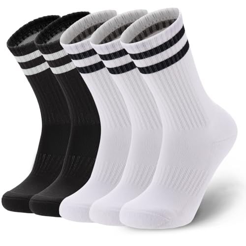 Image of Ultrafun 5 Pairs Striped Crew Socks Cotton Cushioned Athletic Sports Running Socks for Men Women Teens