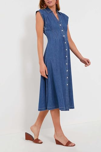Ladyful Women's Denim Shirt Midi Dress Button Down Collared V Neck Sleeveless Jean Dress Chambray A-Line Sundress3