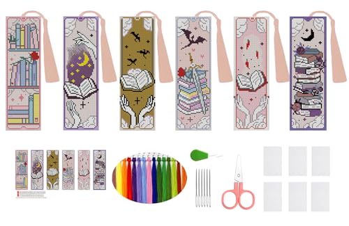 6PCS Cross Stitch Bookmark Kit for Adult Beginners Book Cross Stitch Kits with Backing Felt Floss Instruction DIY Stamped Embroidery Bookmark Kit for Starter Adults Book Lovers (2.3x7.8 inch)