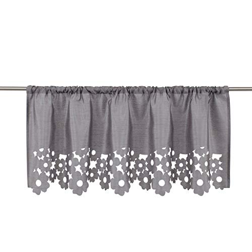 SimpVale Window Treatment Valance Floral Hollow-Out Design Sheer Voile Short Curtain with Rod Pocket for Cafe Room Kitchen Bathroom, 1 Panel (Width 90cm/Height 30cm, Grey)