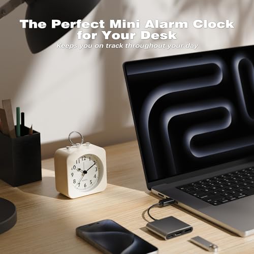 Image of AYRELY Small Metal Alarm Clock, Desk and Table Clock for Travel | Battery Operated Retro Silent Clock with Light for Bedroom, Bedside, Shelf and Living Room Decor (White)