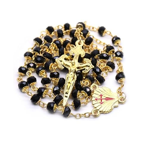 Hao Wu Xuan Collar Rosario de Santiago Collar Concha Cruz Colgante Cuentas de Cristal Negro Joyería de Moda