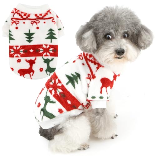 Zunea Christmas Dog Sweater Jumpers for Small Dogs Soft Warm Fleece Pullover Puppy Festival Clothes Jumper Xmas Tree Snowflake Reindeer Coats Holiday Cold Weather Pet Apparel for Chihuahua White S