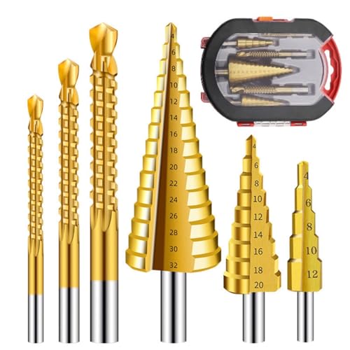Image of Serplex 6PCS Step Drill Bits Set, Included 3 Sizes of Step Drill Bits and 3 Sizes of Twist Drilling Bit for Hole Drilling Metalworking Woodworking, with Plastic Storage Box, Stepped Up Bit for DIY